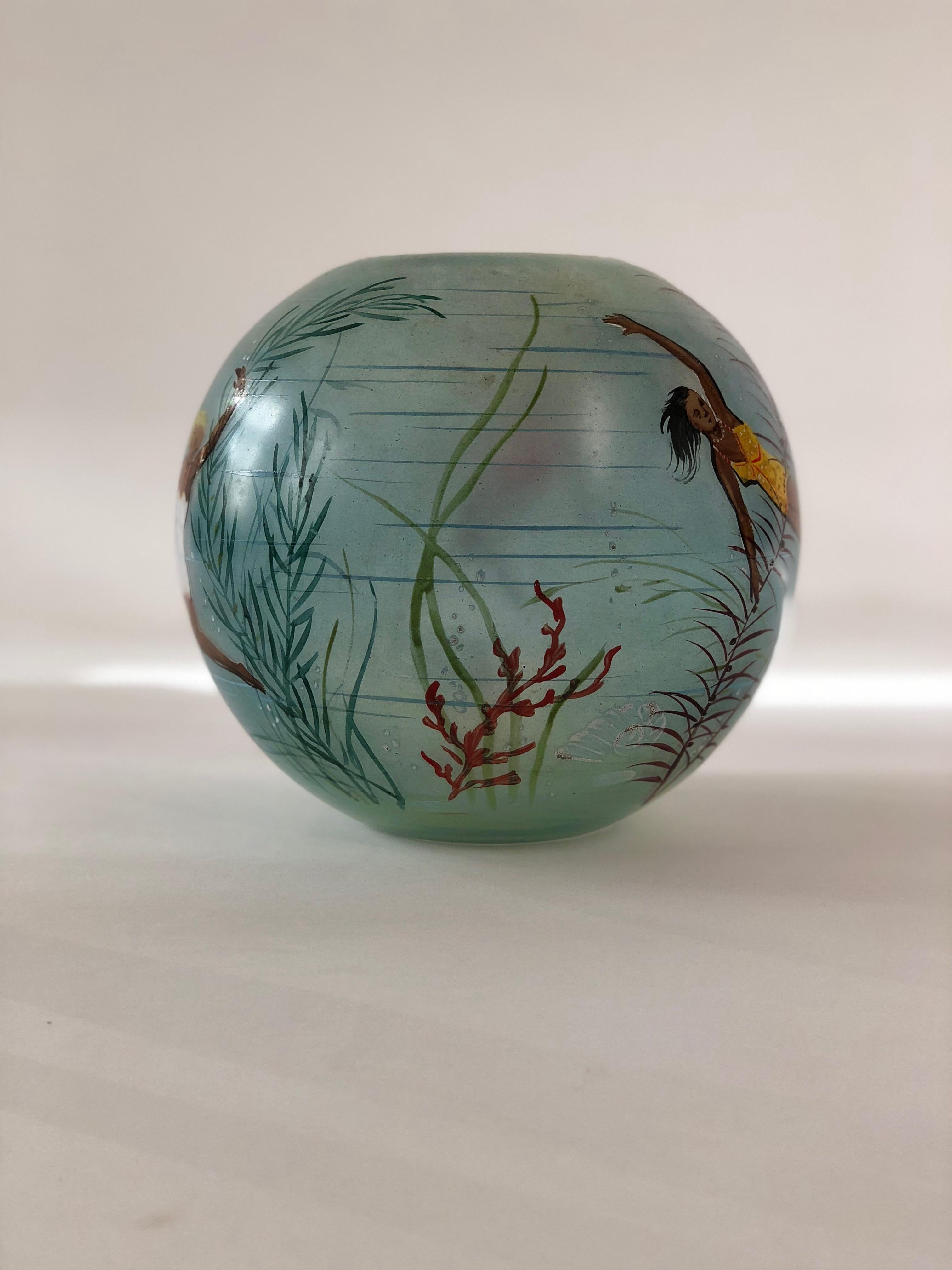 Glass Vase with Hand Painted Swimming Girls and Corals from 1950, Cabana  Style For Sale 3