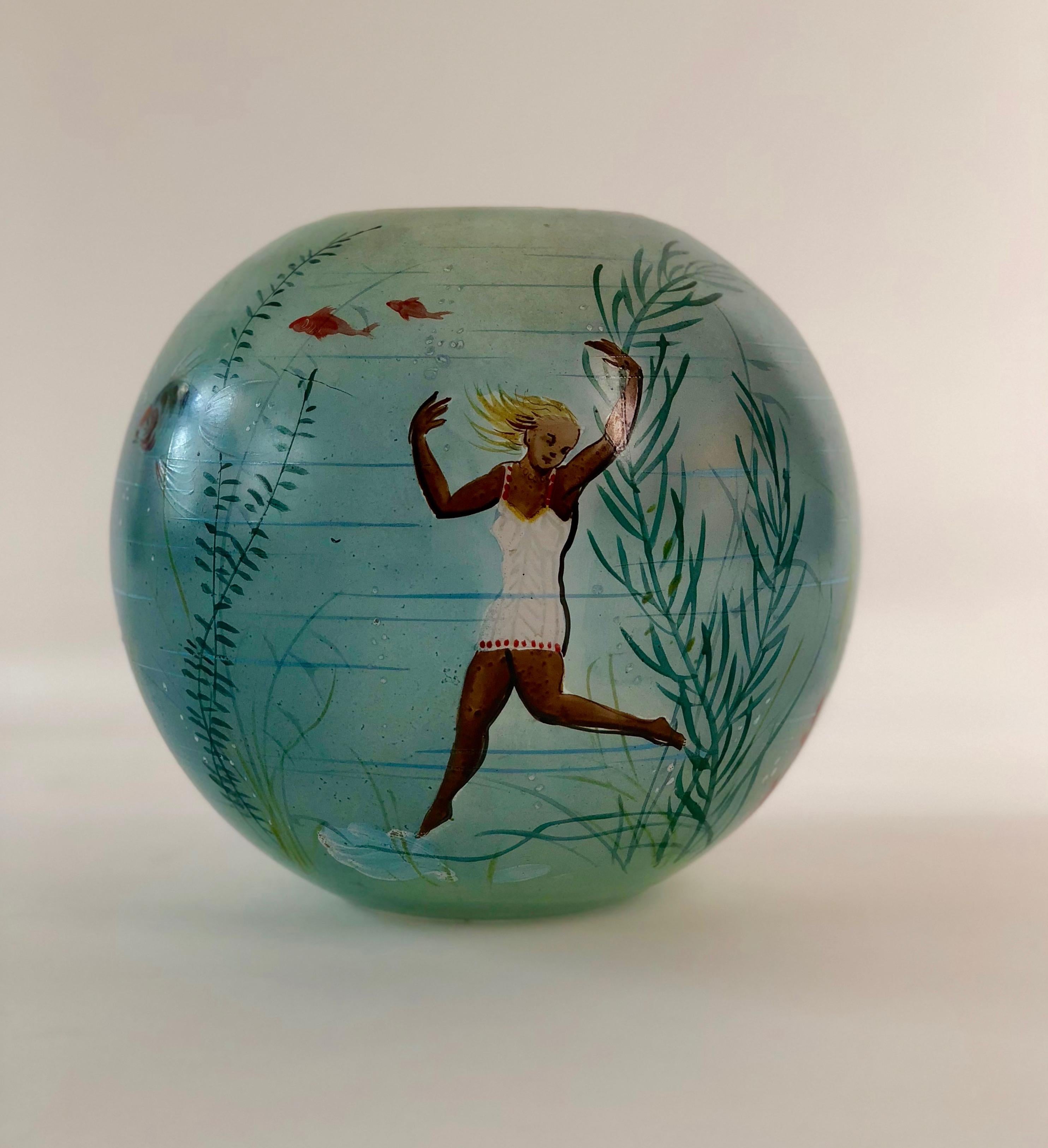 Lovely glass vase with hand painted swimming girls and undersea world from 1950.
The mouth of the vase has rough texture from use.
   