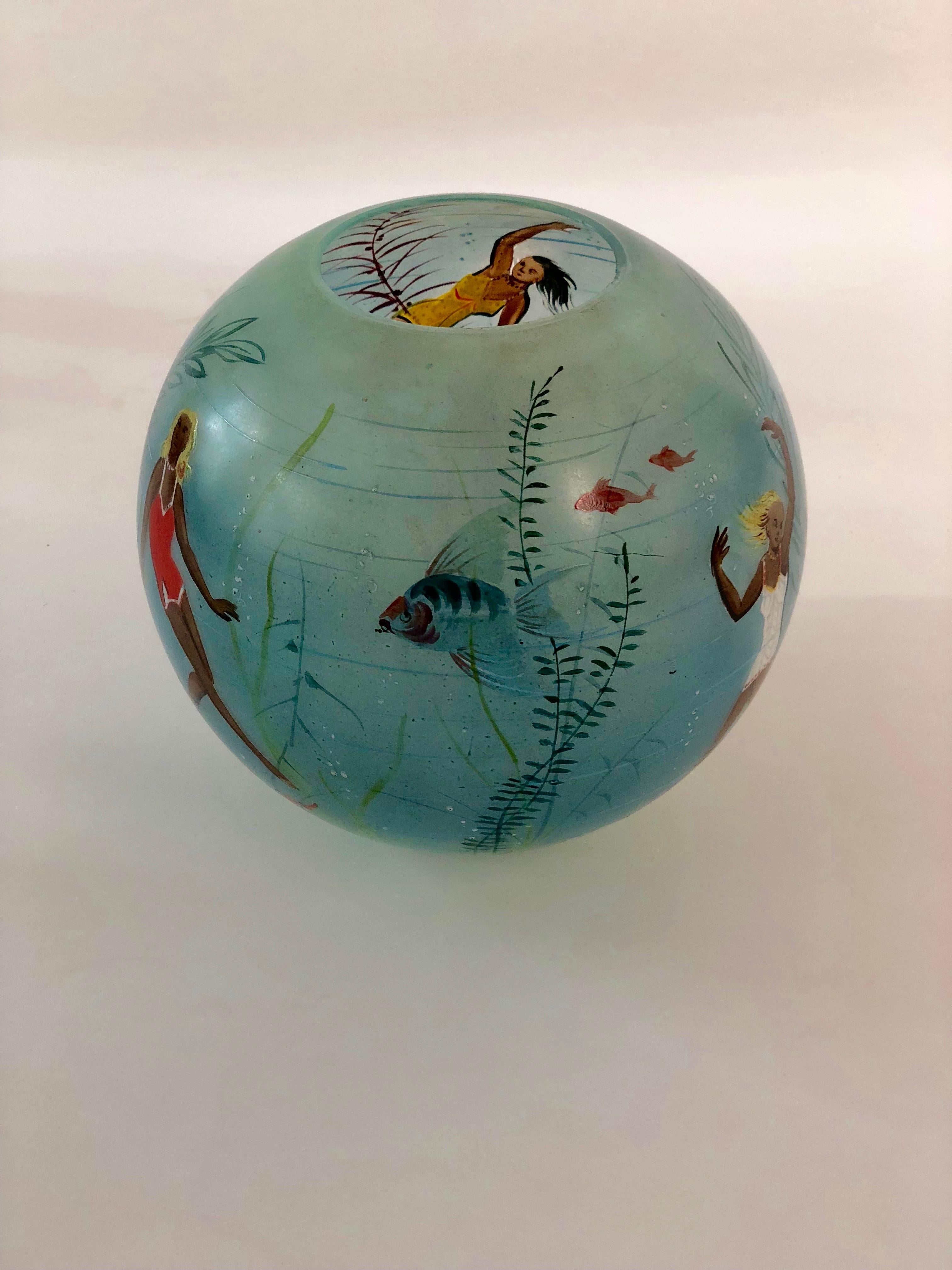 Mid-Century Modern Glass Vase with Hand Painted Swimming Girls and Corals from 1950, Cabana  Style For Sale