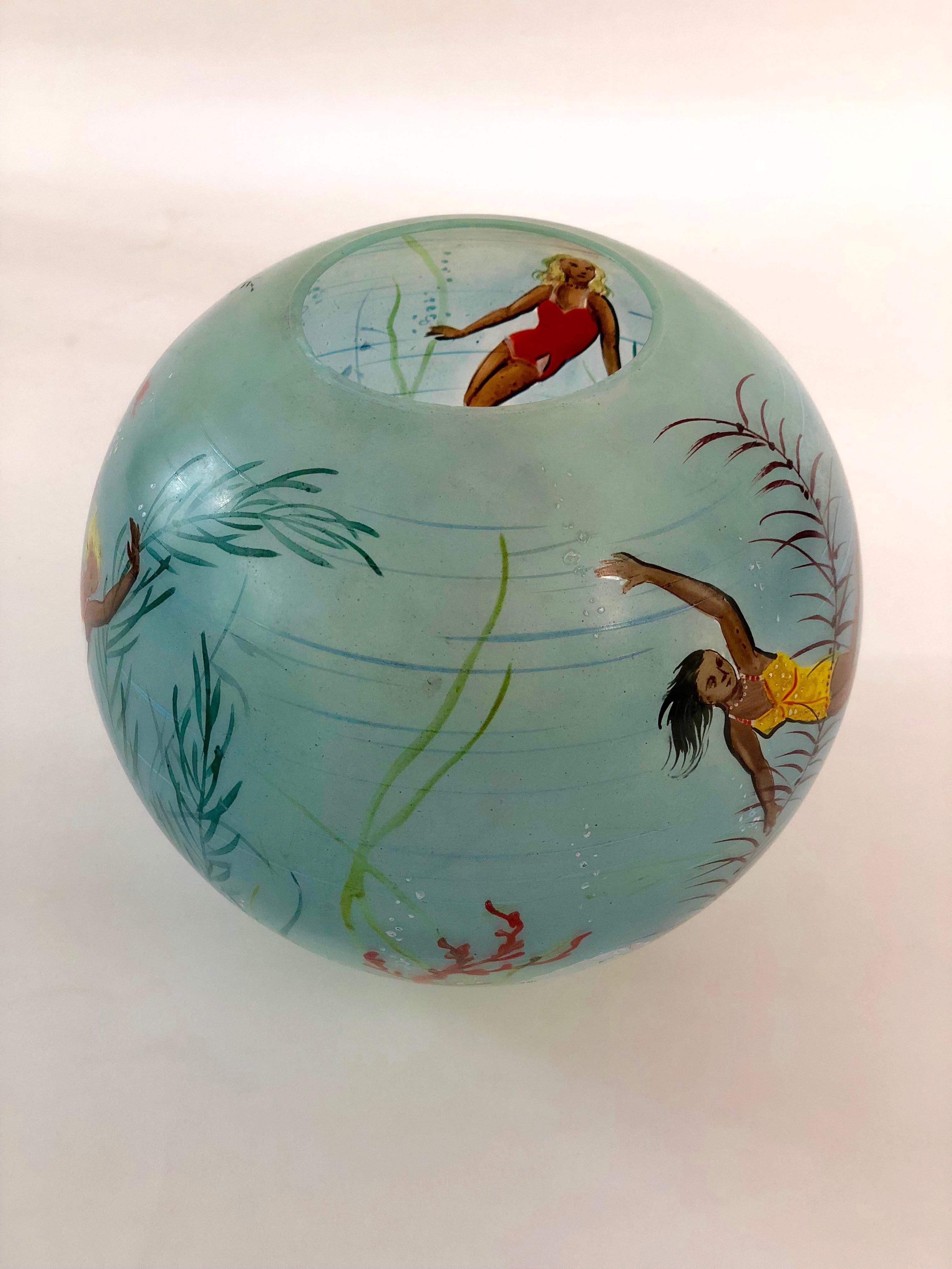 Czech Glass Vase with Hand Painted Swimming Girls and Corals from 1950, Cabana  Style For Sale