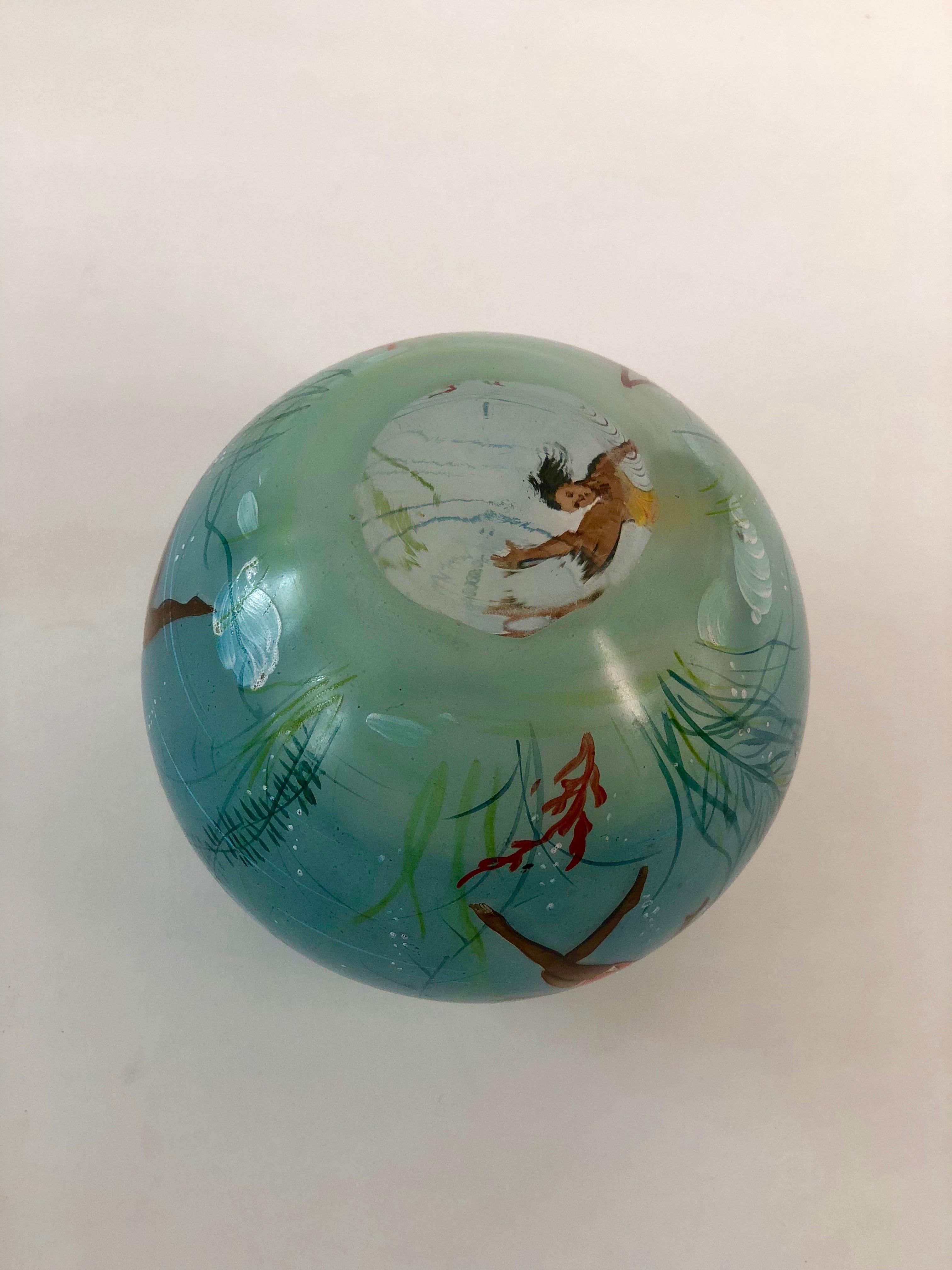 Mid-20th Century Glass Vase with Hand Painted Swimming Girls and Corals from 1950, Cabana  Style For Sale