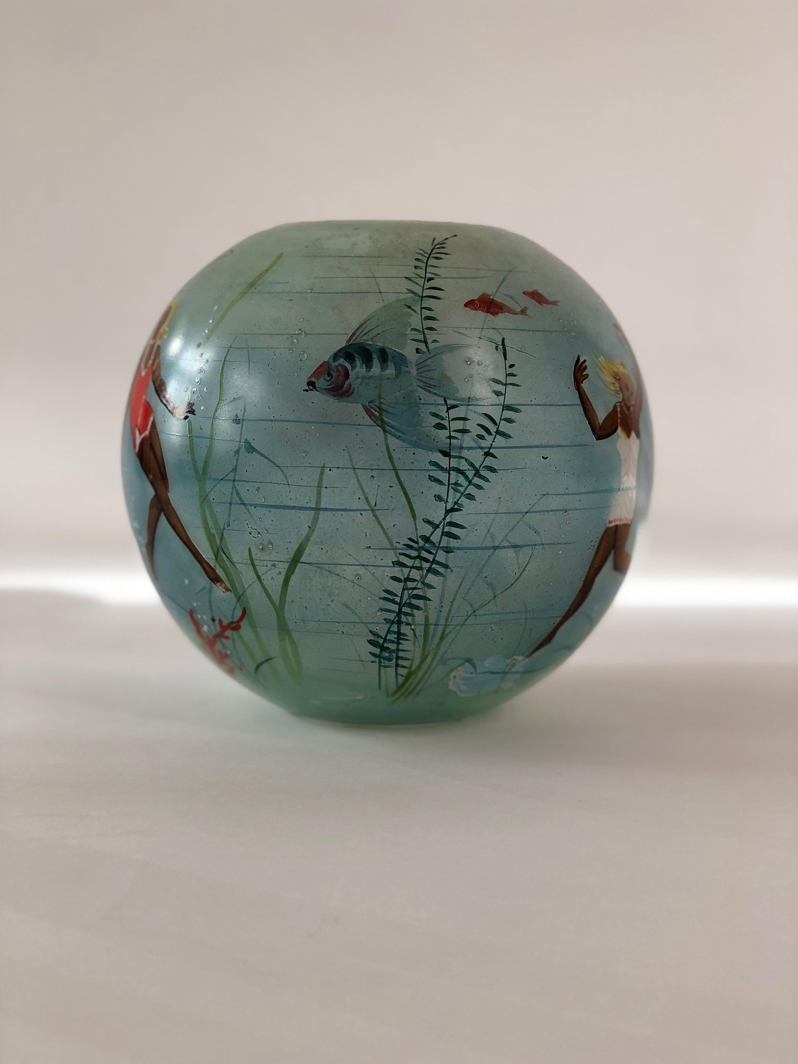 Glass Vase with Hand Painted Swimming Girls and Corals from 1950, Cabana  Style For Sale 2