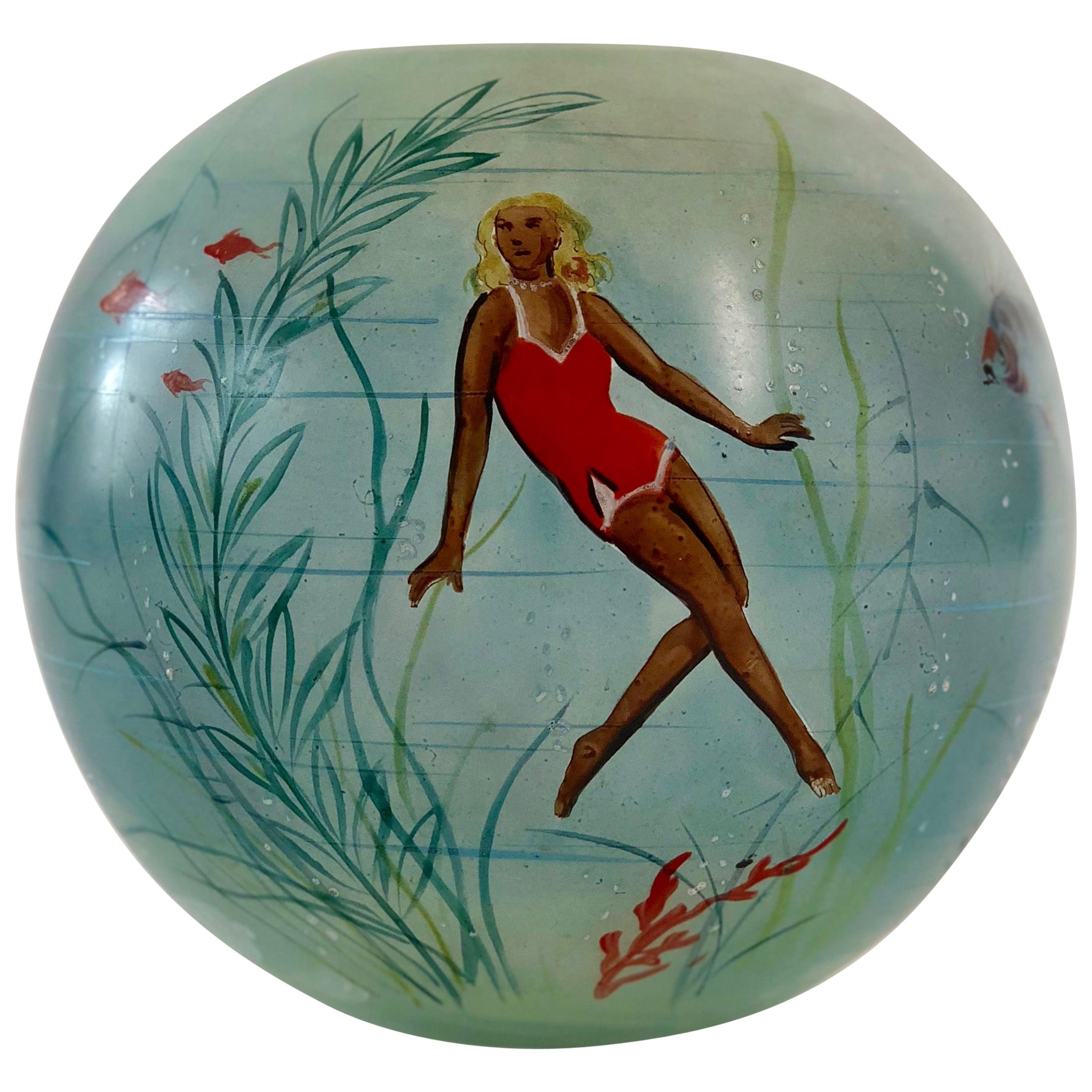Glass Vase with Hand Painted Swimming Girls and Corals from 1950, Cabana  Style For Sale