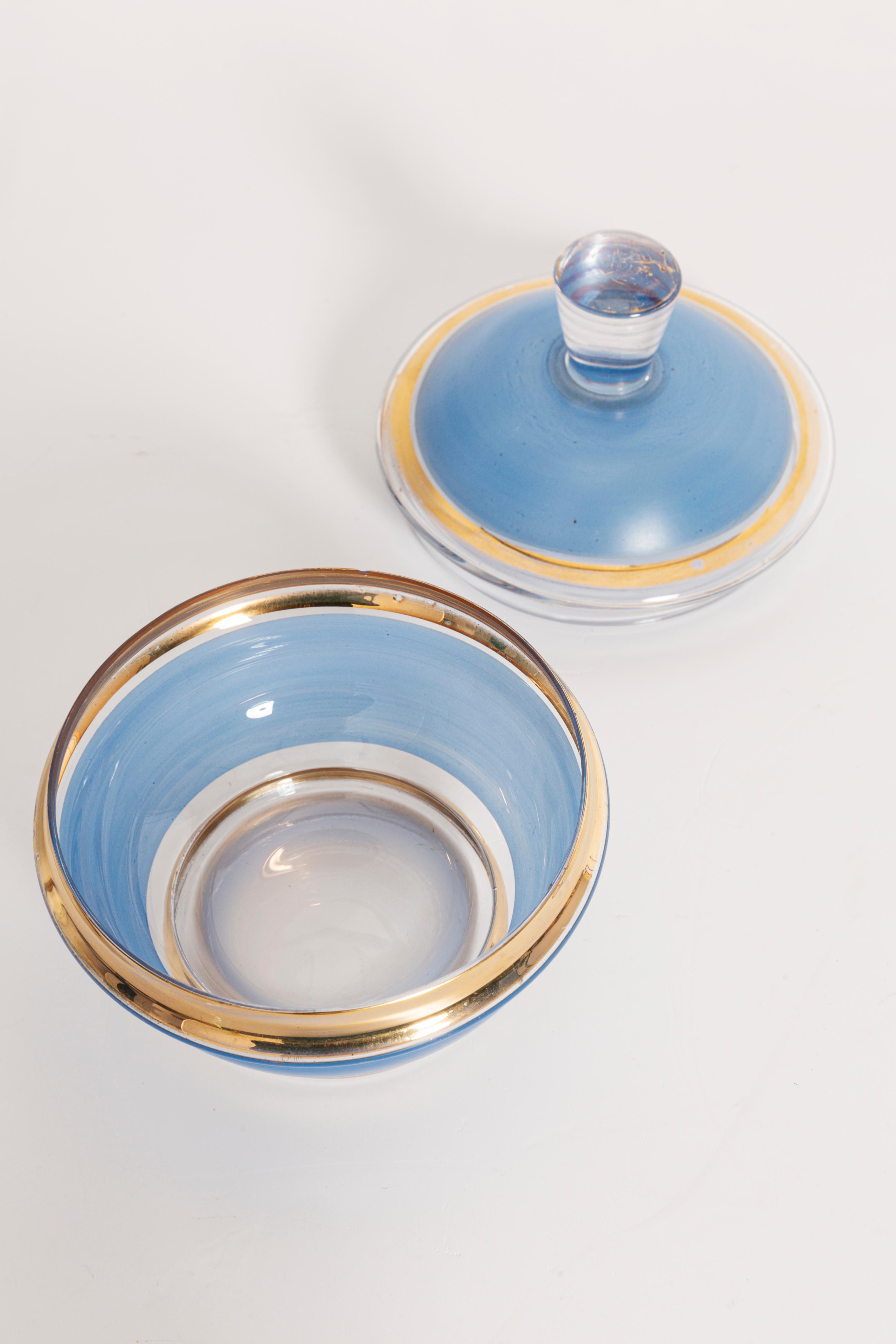 Mid-Century Modern Glass Vintage Baby Blue and Gold Bathroom Set, France, 1960s For Sale