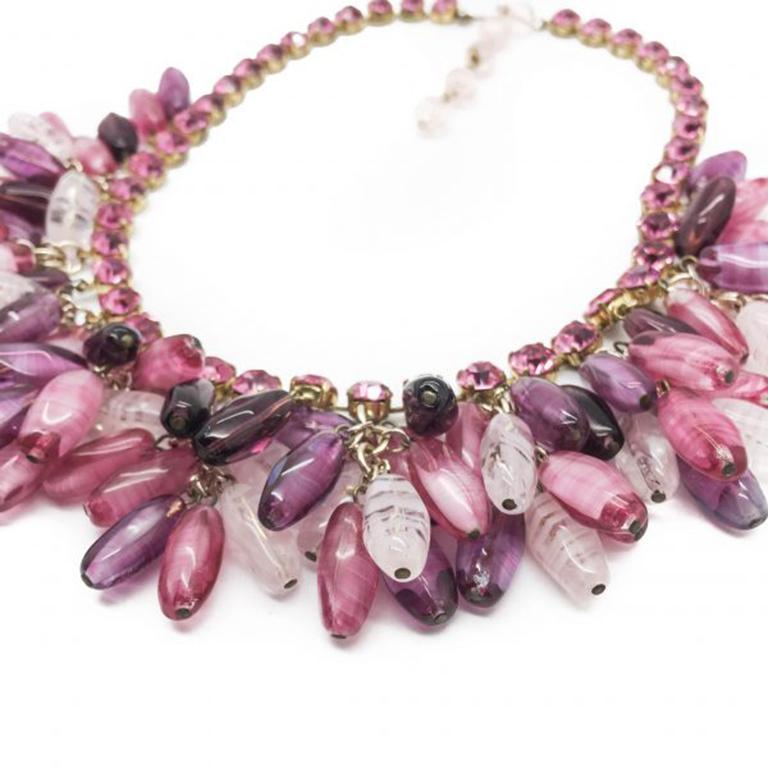 Women's Vintage Art Glass & Crystal Pinks Cascade Collar 1950s For Sale