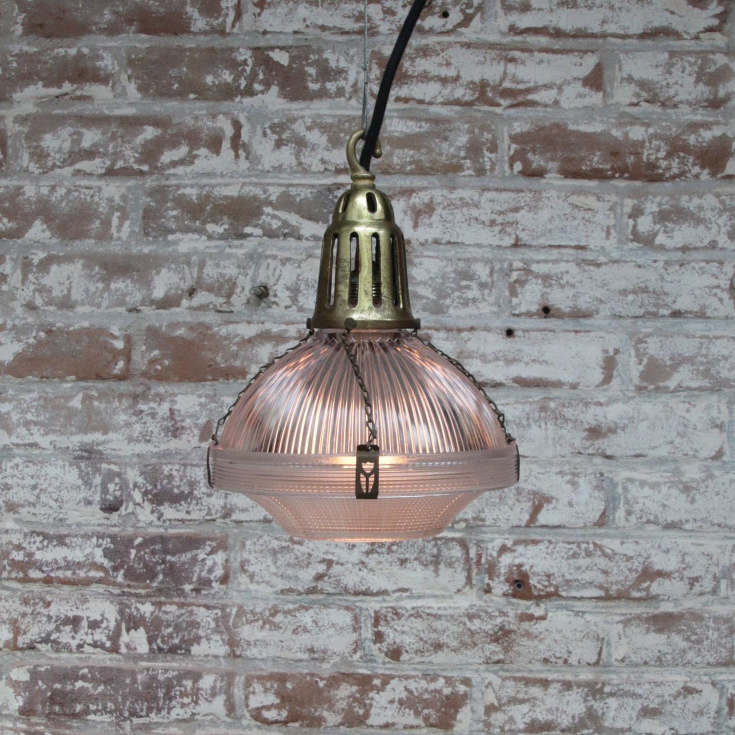 20th Century Glass Vintage Industrial Brass Pendant Light by Holophane, France