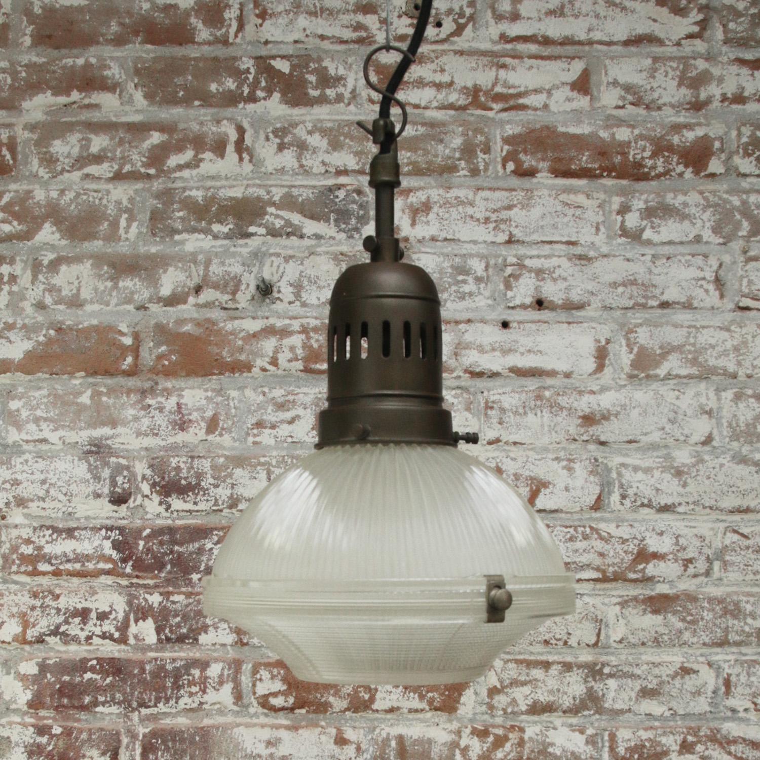20th Century Glass Vintage Industrial Brass Pendant Light by Holophane, France For Sale