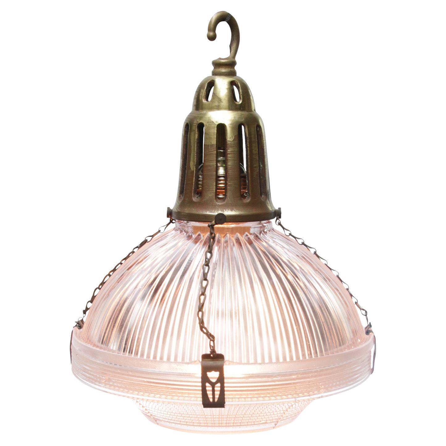 Glass Vintage Industrial Brass Pendant Light by Holophane, France