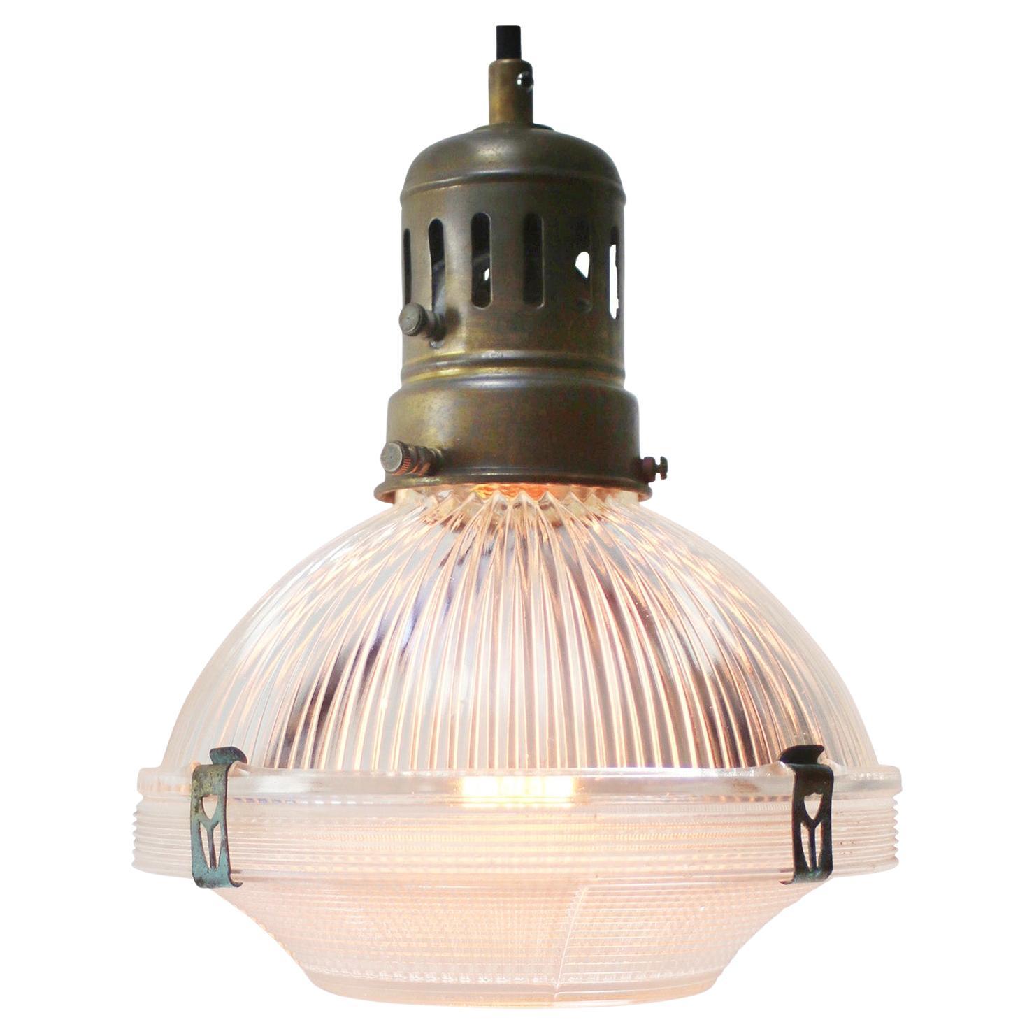 Glass Vintage Industrial Brass Pendant Light by Holophane, France