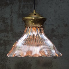 Glass Vintage Industrial Brass Pendant Light by Holophane, UK