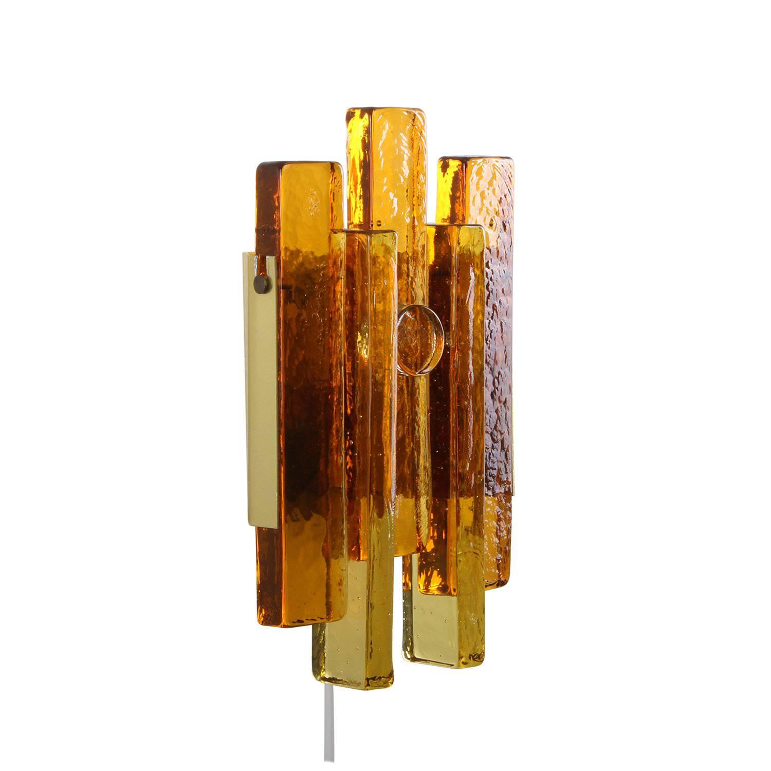 Glass Wall Light by Hassel & Teudt 1960s, Rustic Amber Glass and Brass Wall Lamp