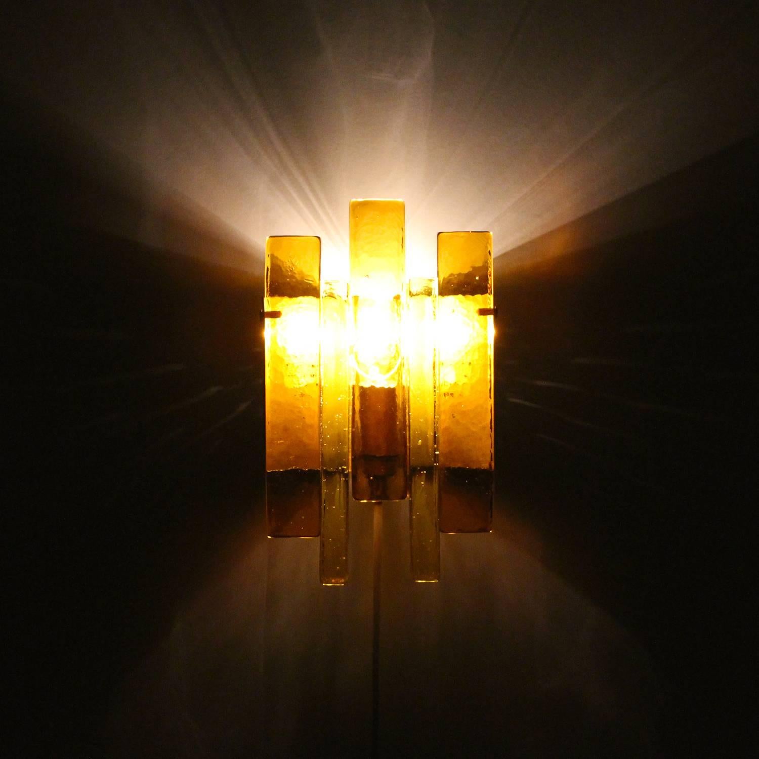 Danish Glass Wall Light by Hassel & Teudt 1960s, Rustic Amber Glass and Brass Wall Lamp