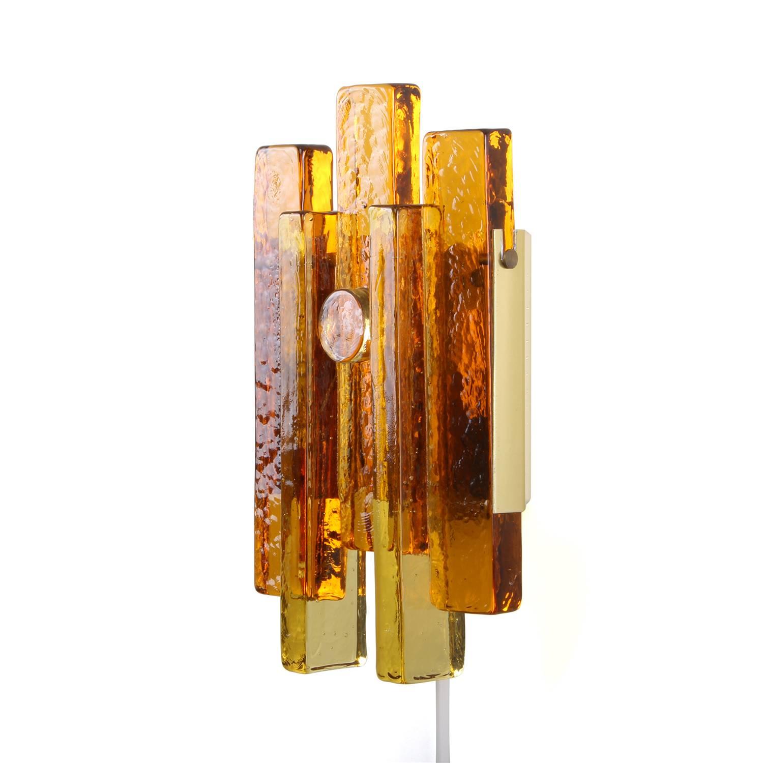Lacquered Glass Wall Light by Hassel & Teudt 1960s, Rustic Amber Glass and Brass Wall Lamp