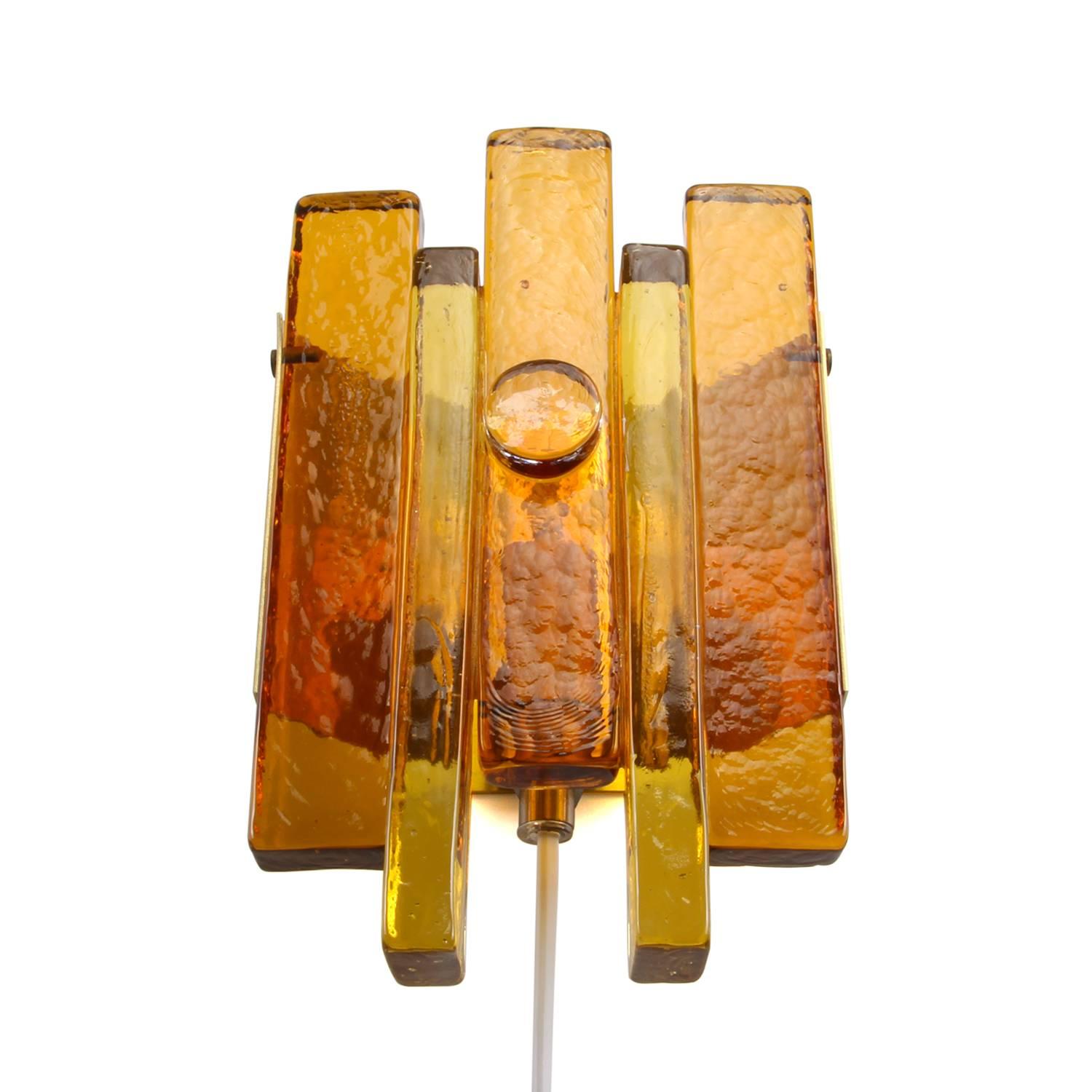 20th Century Glass Wall Light by Hassel & Teudt 1960s, Rustic Amber Glass and Brass Wall Lamp