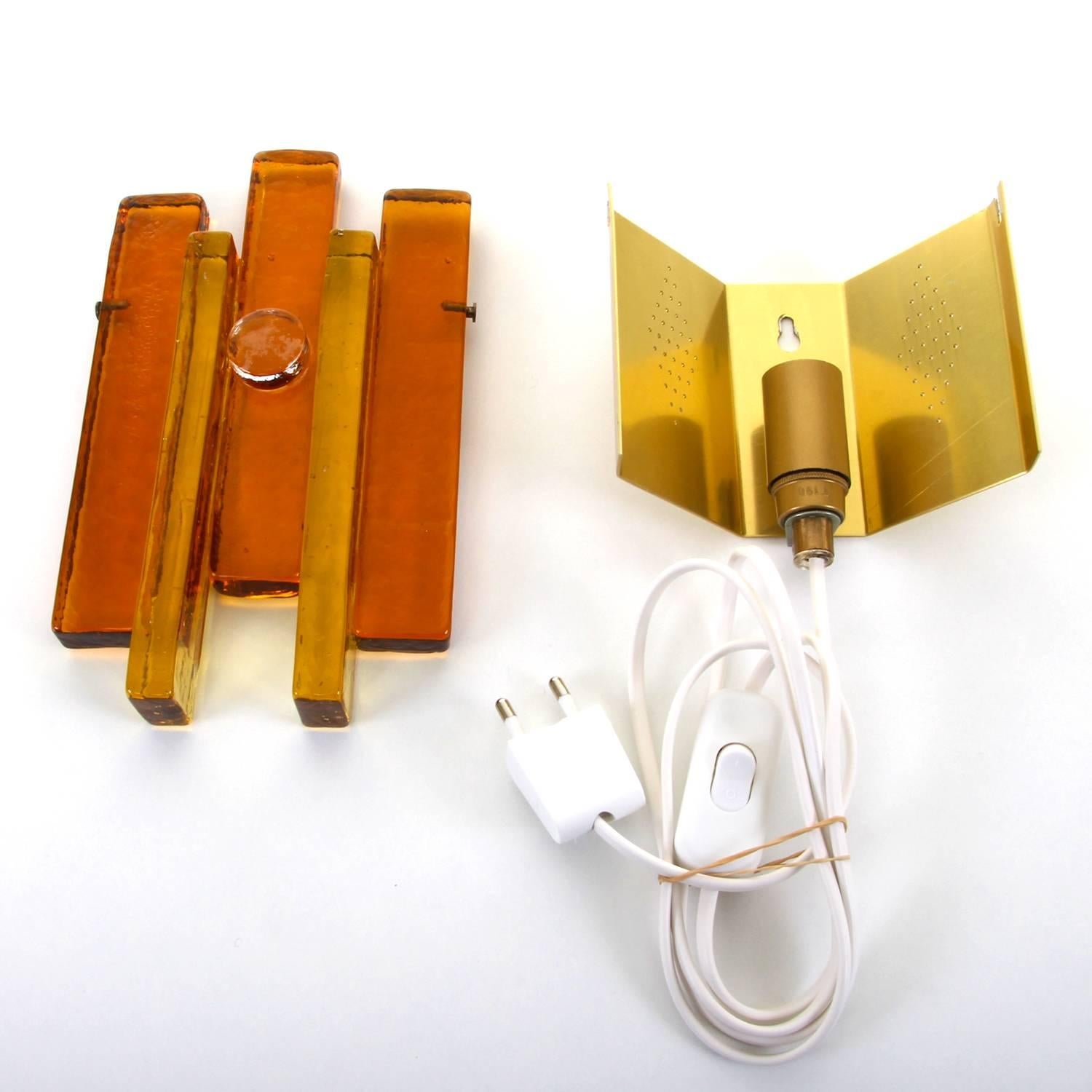 Glass Wall Light by Hassel & Teudt 1960s, Rustic Amber Glass and Brass Wall Lamp 1