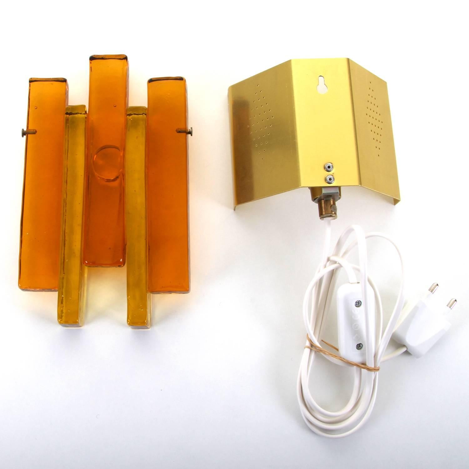 Glass Wall Light by Hassel & Teudt 1960s, Rustic Amber Glass and Brass Wall Lamp 2