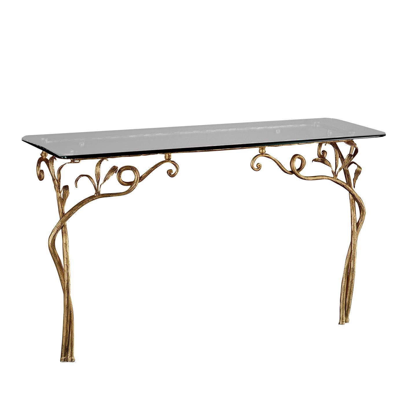 The delicate design of this elegant wall-mounted console will make a sophisticated impression in a classically-decorated home, displayed in an entryway or living room paired with the Glass Table in the same series. The transparent glass top, with