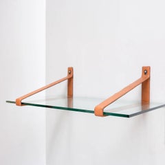 Glass Wall Shelf with Leather-Wrapped Metal Brackets, France, 1970s