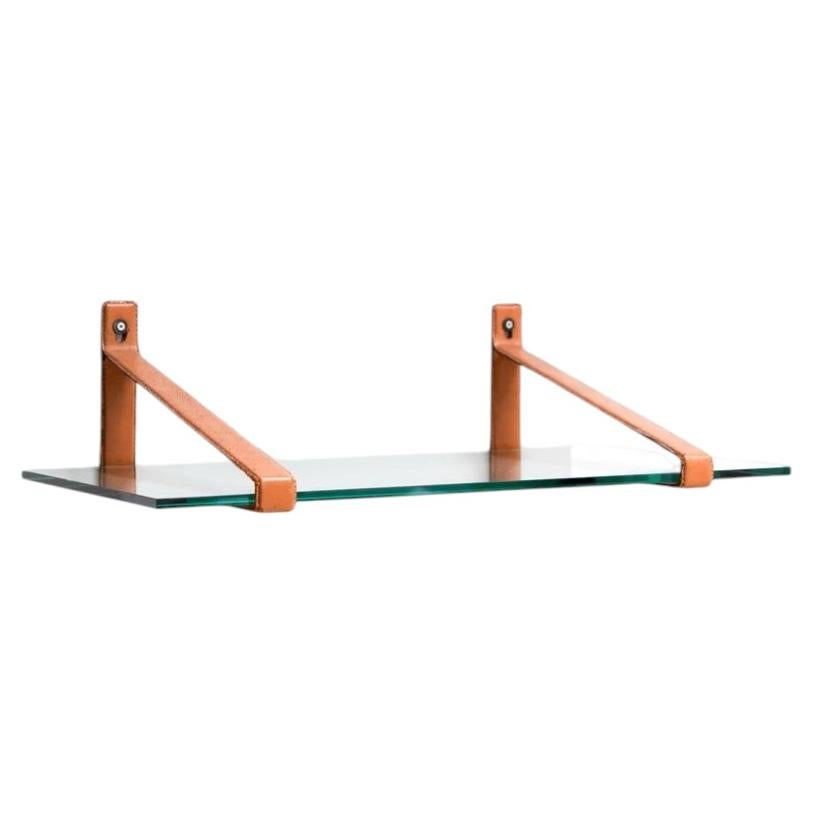 Glass Wall Shelf with Leather-Wrapped Metal Brackets, France, 1970s For Sale