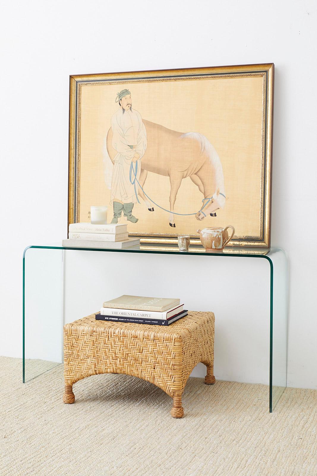Stunning Italian glass waterfall console table or writing table designed by Angelo Cortesi for Fiam Italia. Minimalist Postmodern design from .5 inch thick extra clear bent crystal glass. Beautifully constructed and amazing to view in person. Also