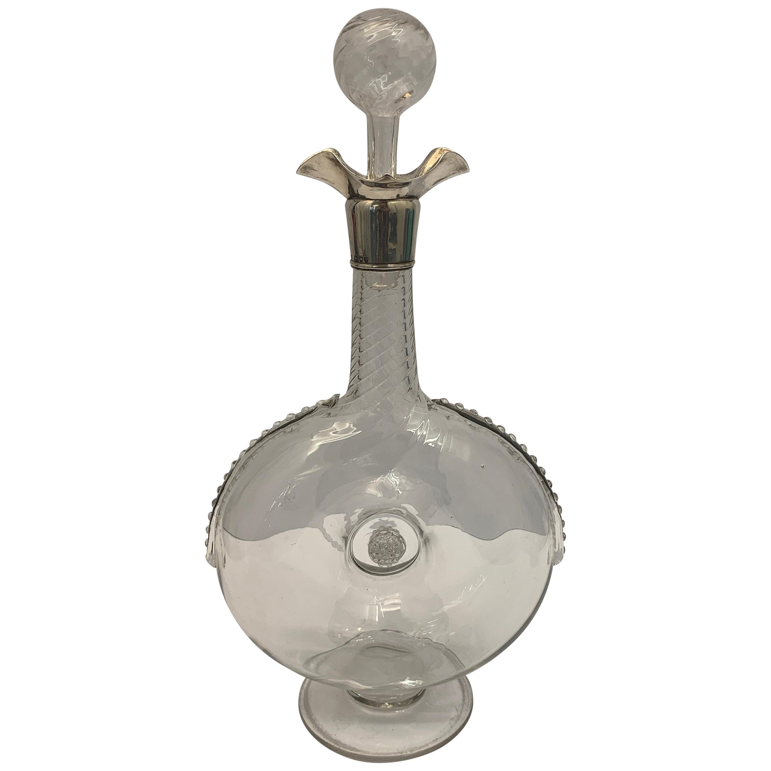 Glass Wine Decanter with Silver Rim Pourer For Sale