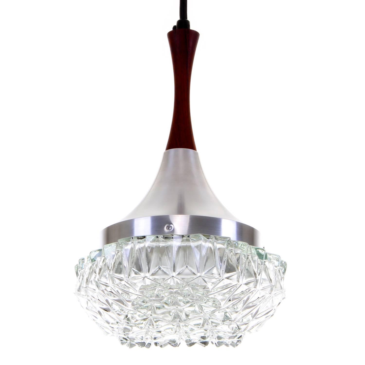 Mid-Century Modern Glass with Rosewood Pendant Light, circa 1960s Pressed Glass Hanging Lamp