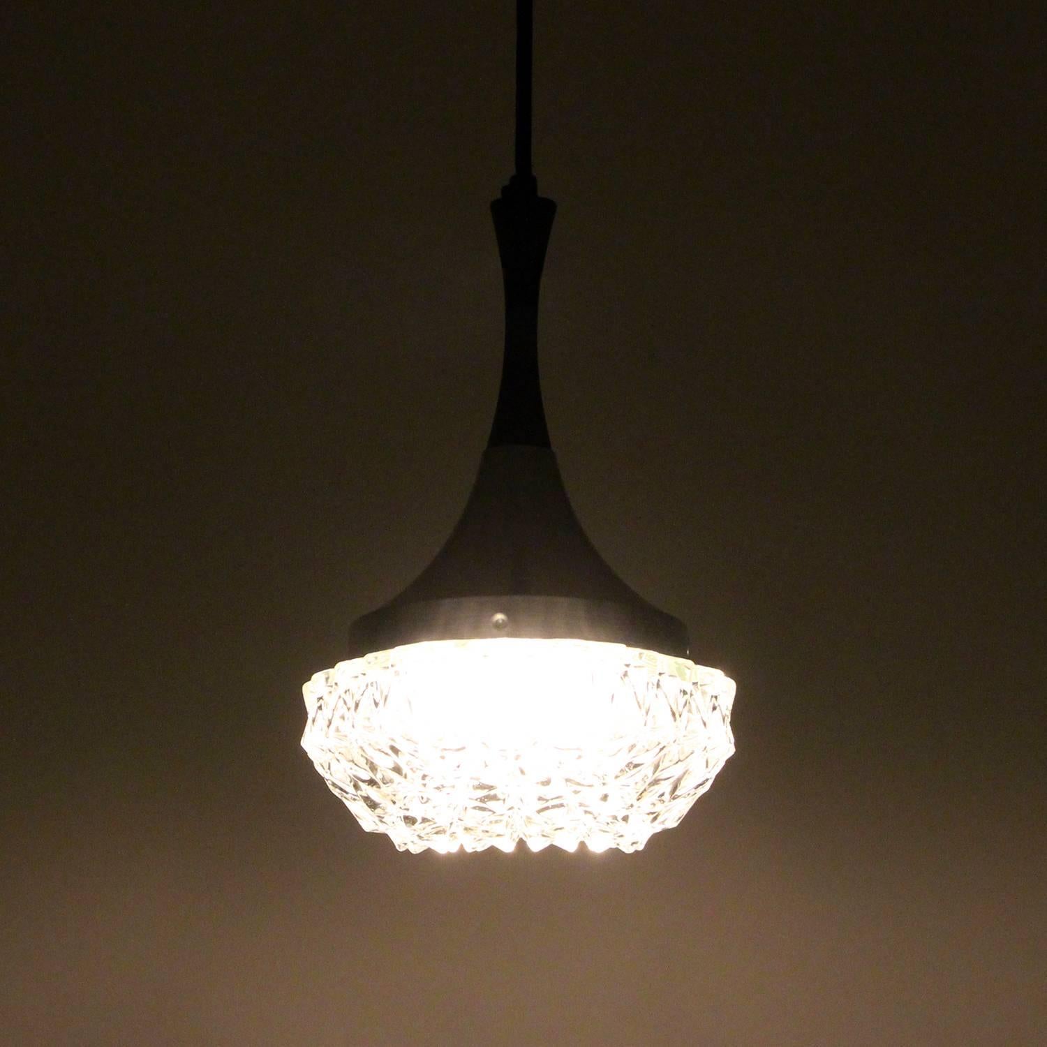 Scandinavian Glass with Rosewood Pendant Light, circa 1960s Pressed Glass Hanging Lamp