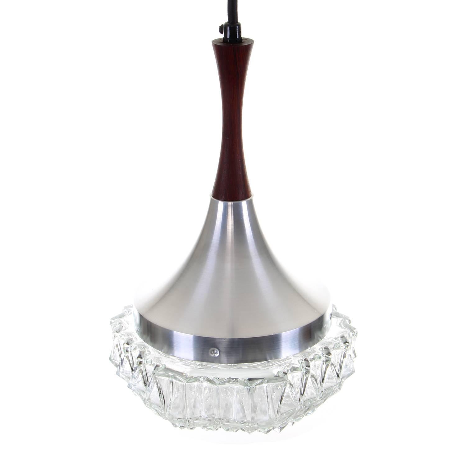 Glass with Rosewood Pendant Light, circa 1960s Pressed Glass Hanging Lamp In Excellent Condition In Frederiksberg, DK