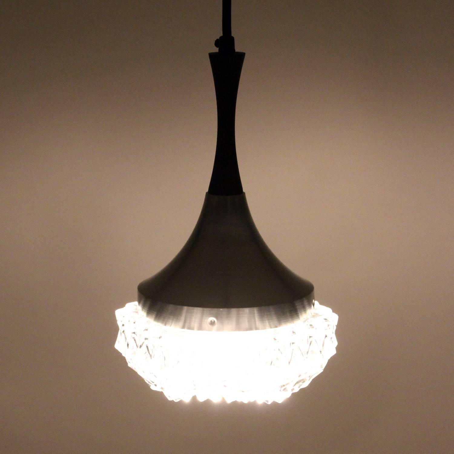 20th Century Glass with Rosewood Pendant Light, circa 1960s Pressed Glass Hanging Lamp