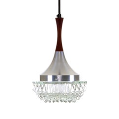 Glass with Rosewood Pendant Light, circa 1960s Pressed Glass Hanging Lamp