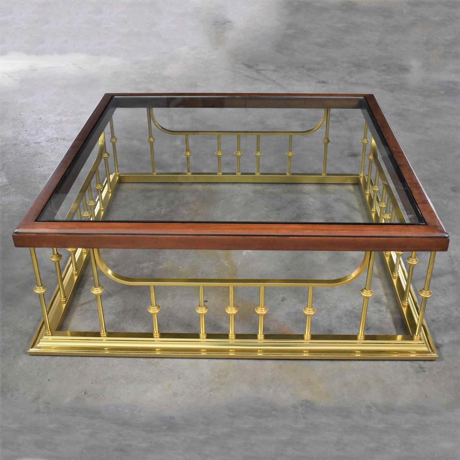 Glass Wood Brass Fireplace Fender Style Large Square Coffee Table Erwin Lambeth For Sale 2