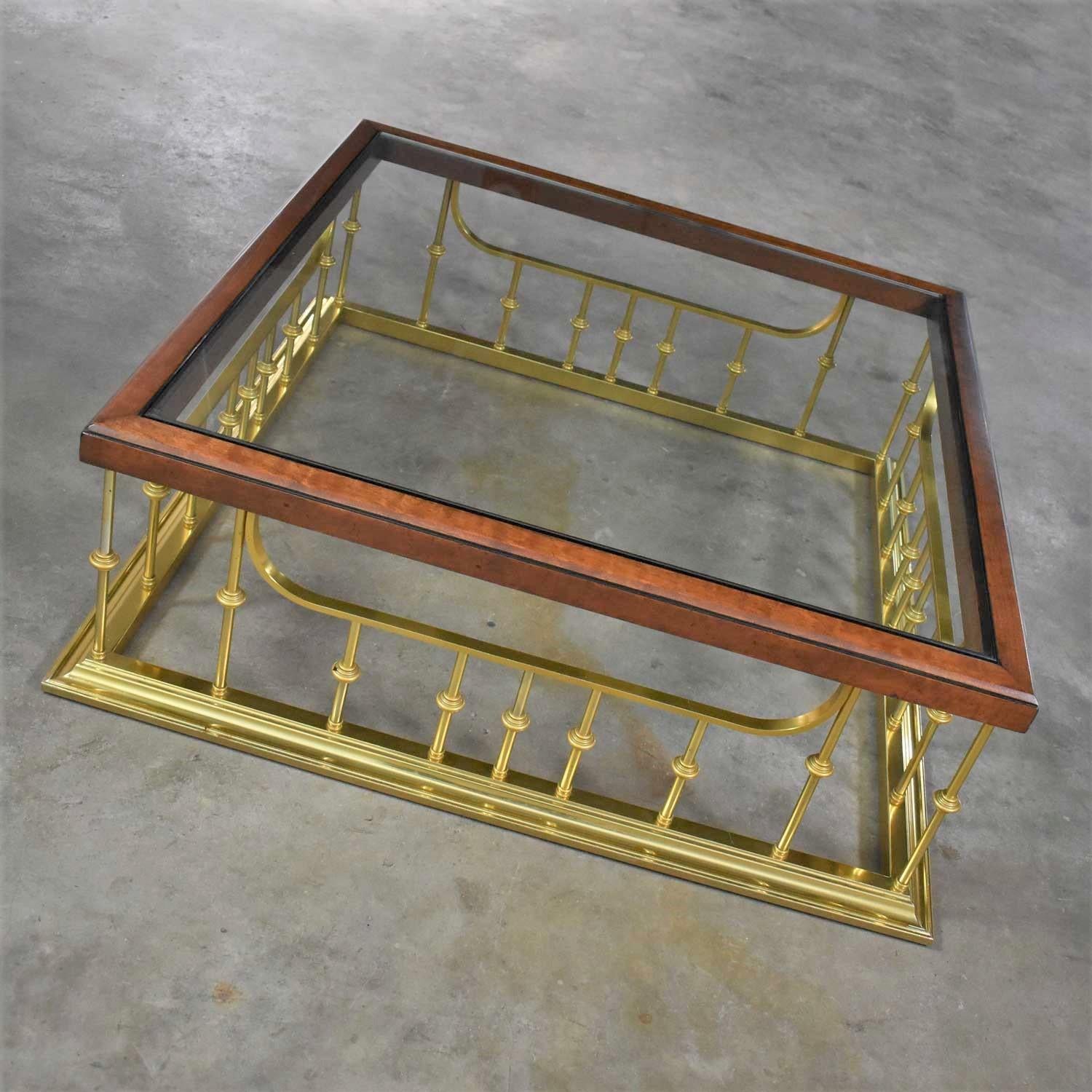 Glass Wood Brass Fireplace Fender Style Large Square Coffee Table Erwin Lambeth For Sale 3