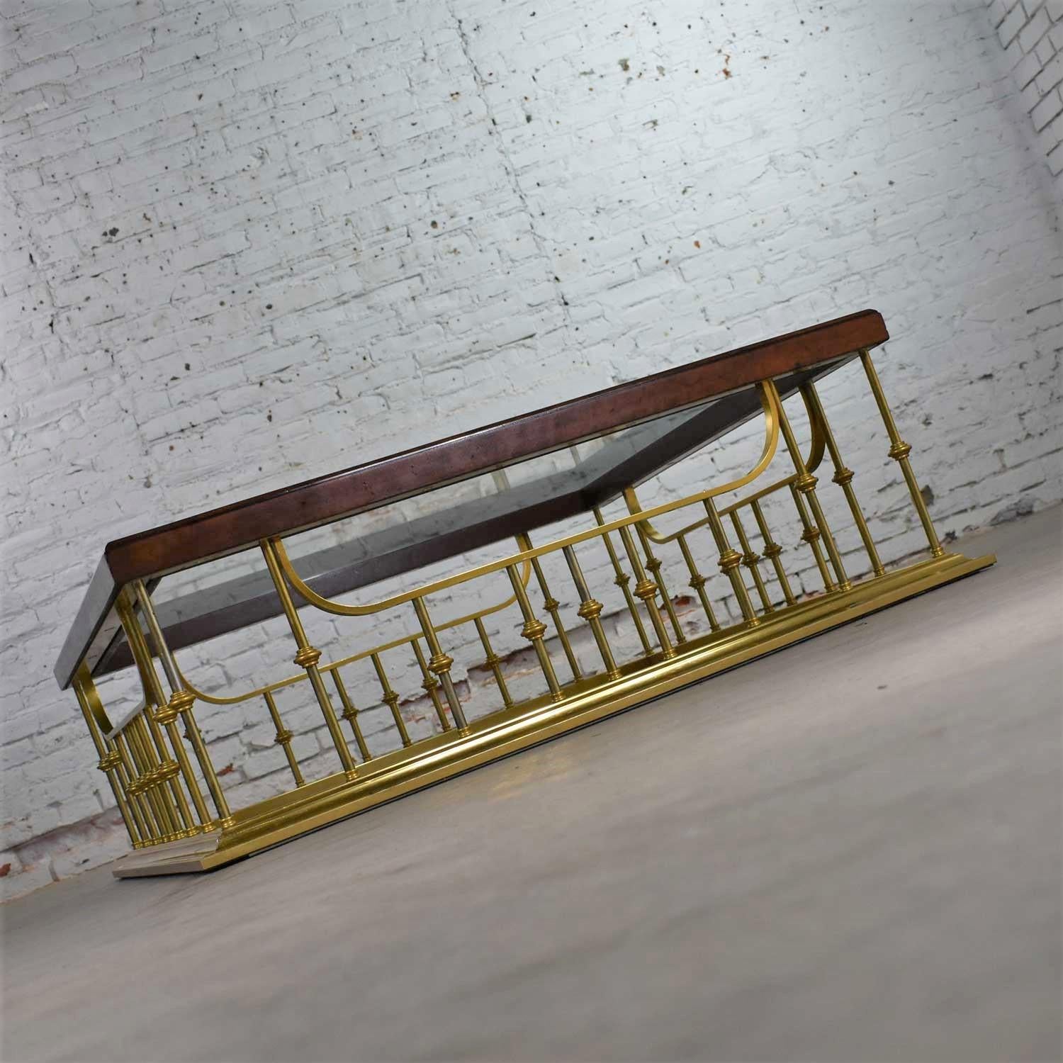 Plated Glass Wood Brass Fireplace Fender Style Large Square Coffee Table Erwin Lambeth For Sale