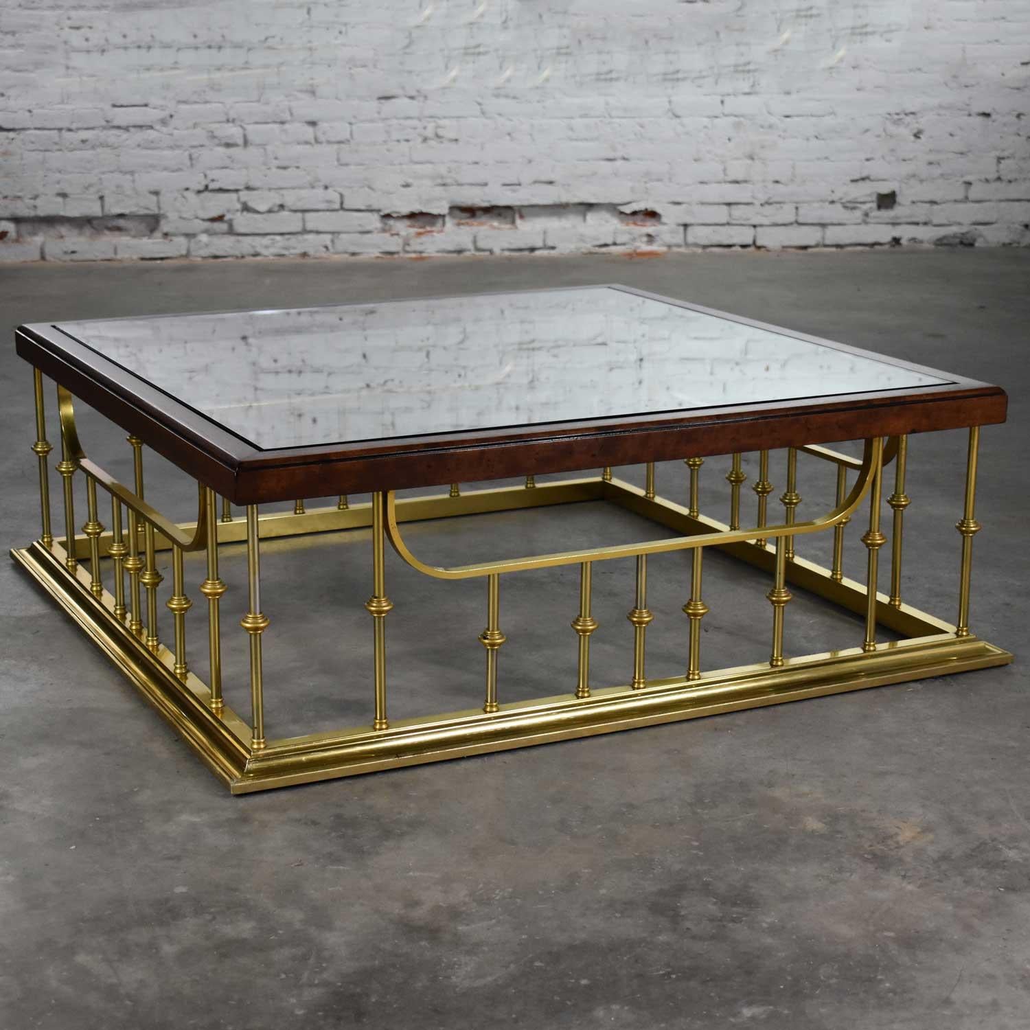 Glass Wood Brass Fireplace Fender Style Large Square Coffee Table Erwin Lambeth In Good Condition For Sale In Topeka, KS