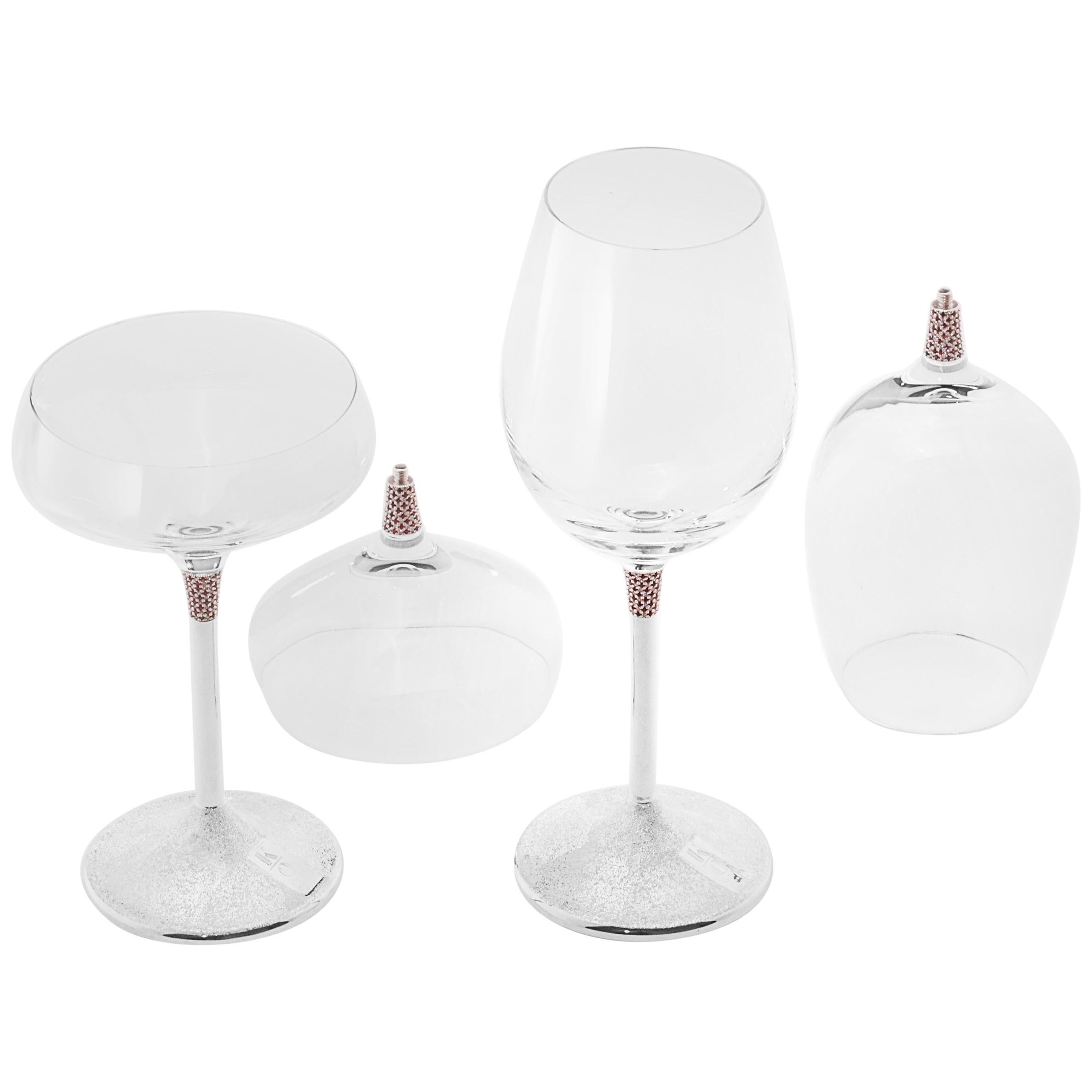 Set of 4 Wine and Champagne Glasses, Sterling Silver, Customizable, 4 Pieces Set For Sale