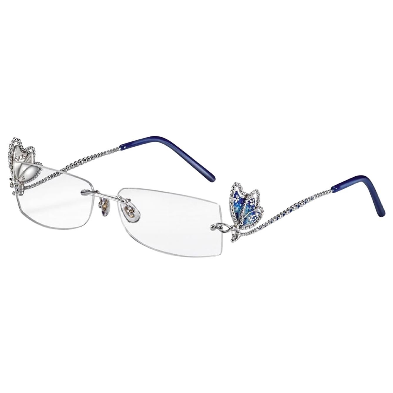 Glasses White Gold White Diamonds Sapphires Hand Decorated with MicroMosaic For Sale