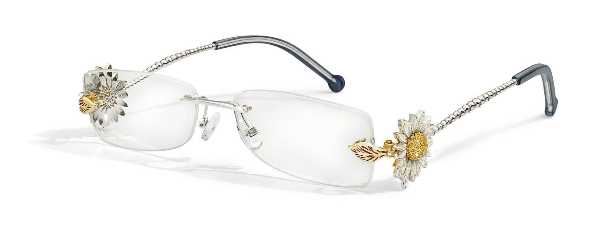 Modern Glasses White Gold White Diamonds Yellow Sapphires Hand Decorated MicroMosaic For Sale