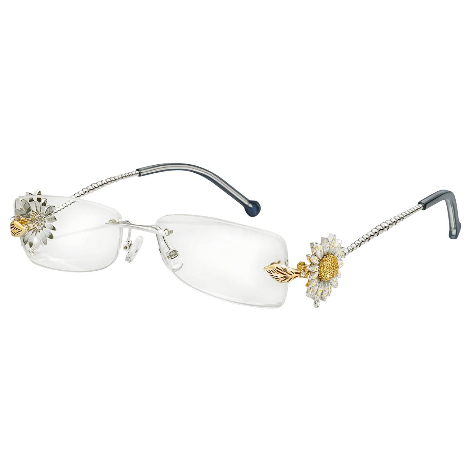 Brille aus Weißgold mit weißen Diamanten und gelben Saphiren, von Hand verziert, Mikromosaik