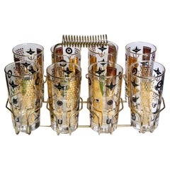 Glassware & Carrier Gold/Black Mid-Century Set of 8