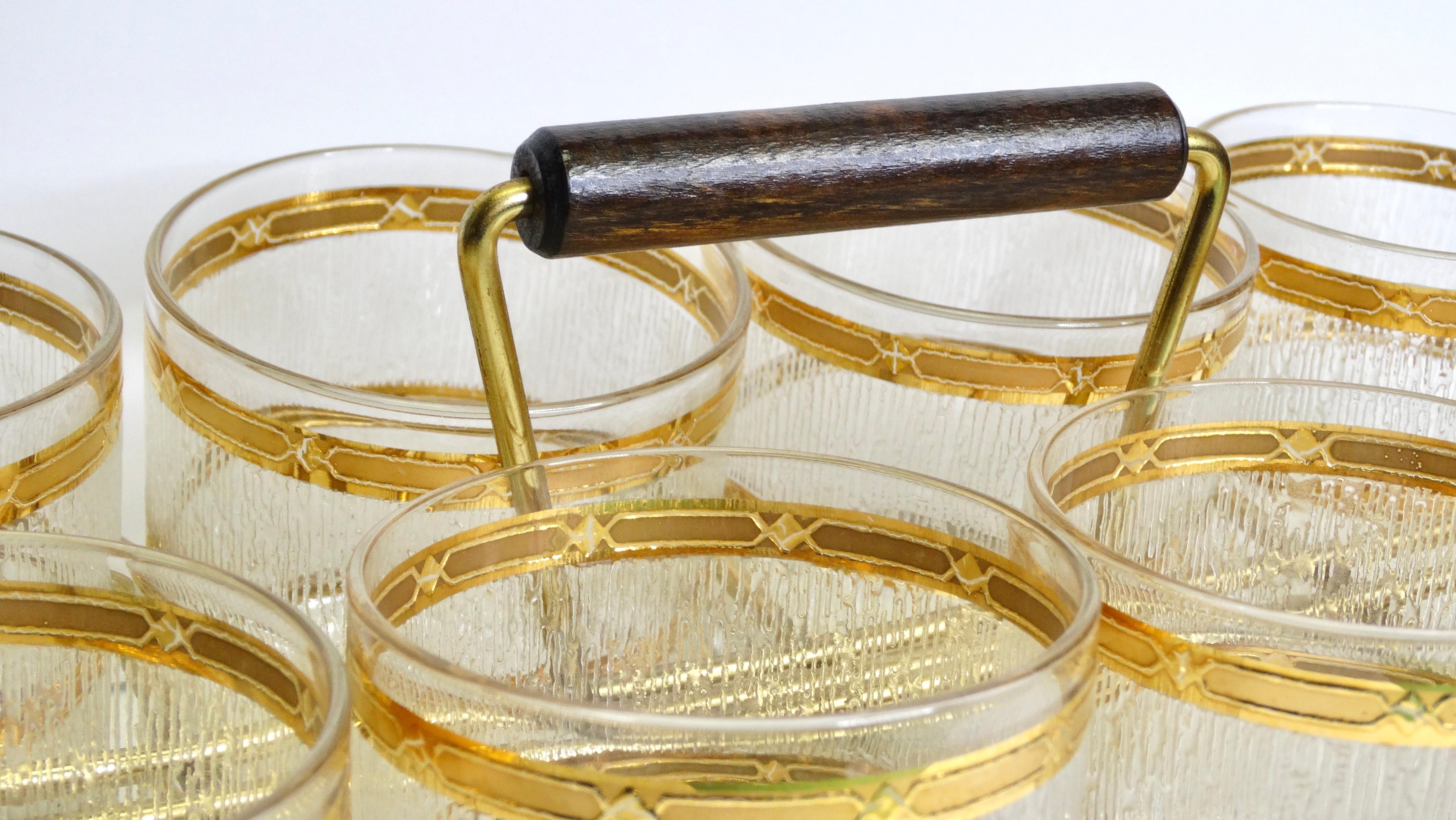 Women's or Men's Glassware & Carrier Gold Mid-Century Set of 8