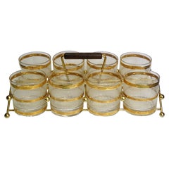 Used Glassware & Carrier Gold Mid-Century Set of 8