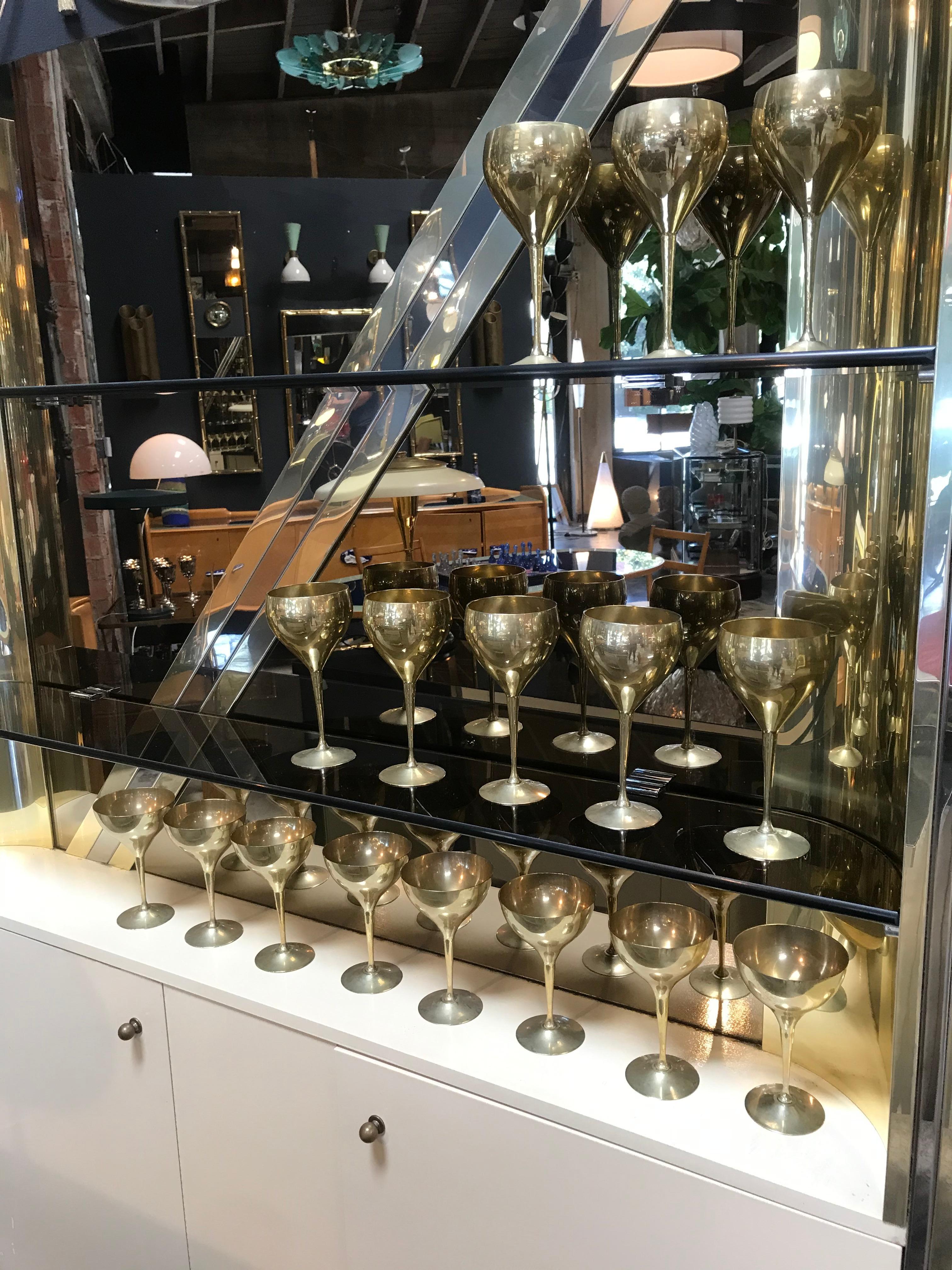 Mid-Century Modern Glassware Set for 8 Brass Glasses Signed 
