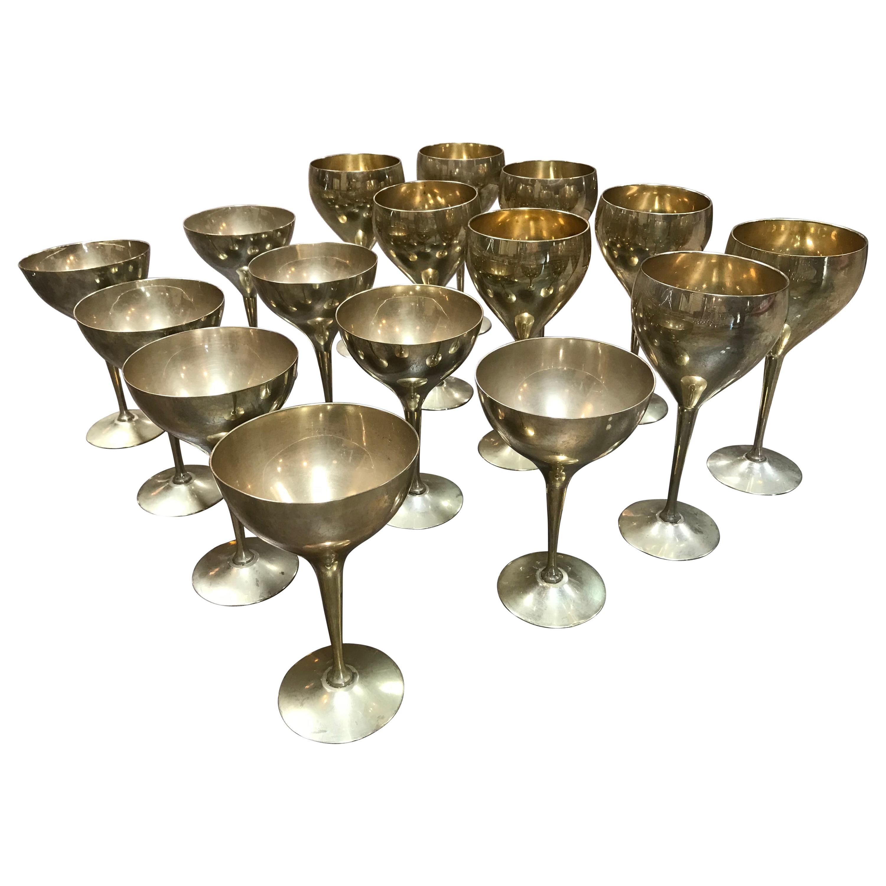 Glassware Set for 8 Brass Glasses Signed "Leonard E.P.N.S.", Italy, 1950s