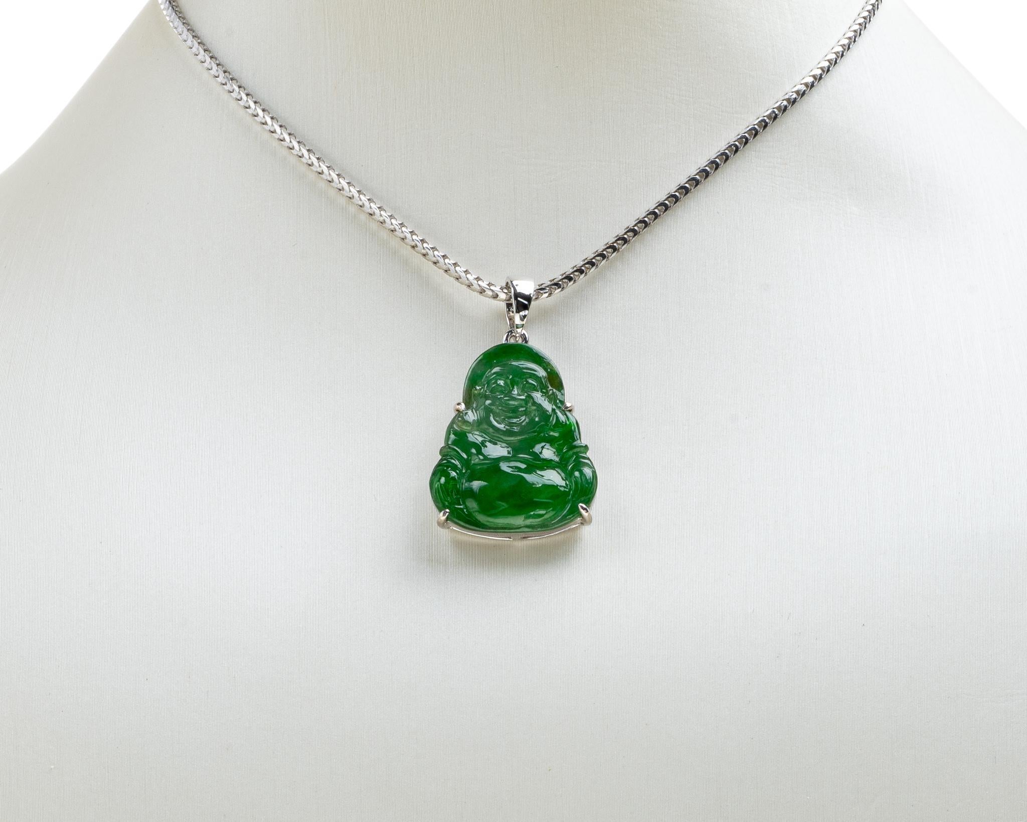 Rough Cut Glassy Green Jadeite Jade Buddha Pendant, Certified Untreated For Sale
