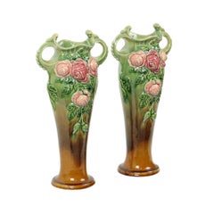 Glazed Art Nouveau Majolica Vases Roses HTB 37cm