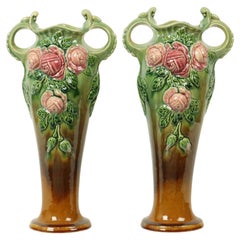 Glazed Art Nouveau Majolica Vases Roses HTB 37cm