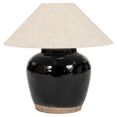 Glazed Black Lamp with Natural Color Linen Shade