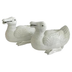 Glazed Blanc De Chine Ceramic Asian Ducks, a Pair