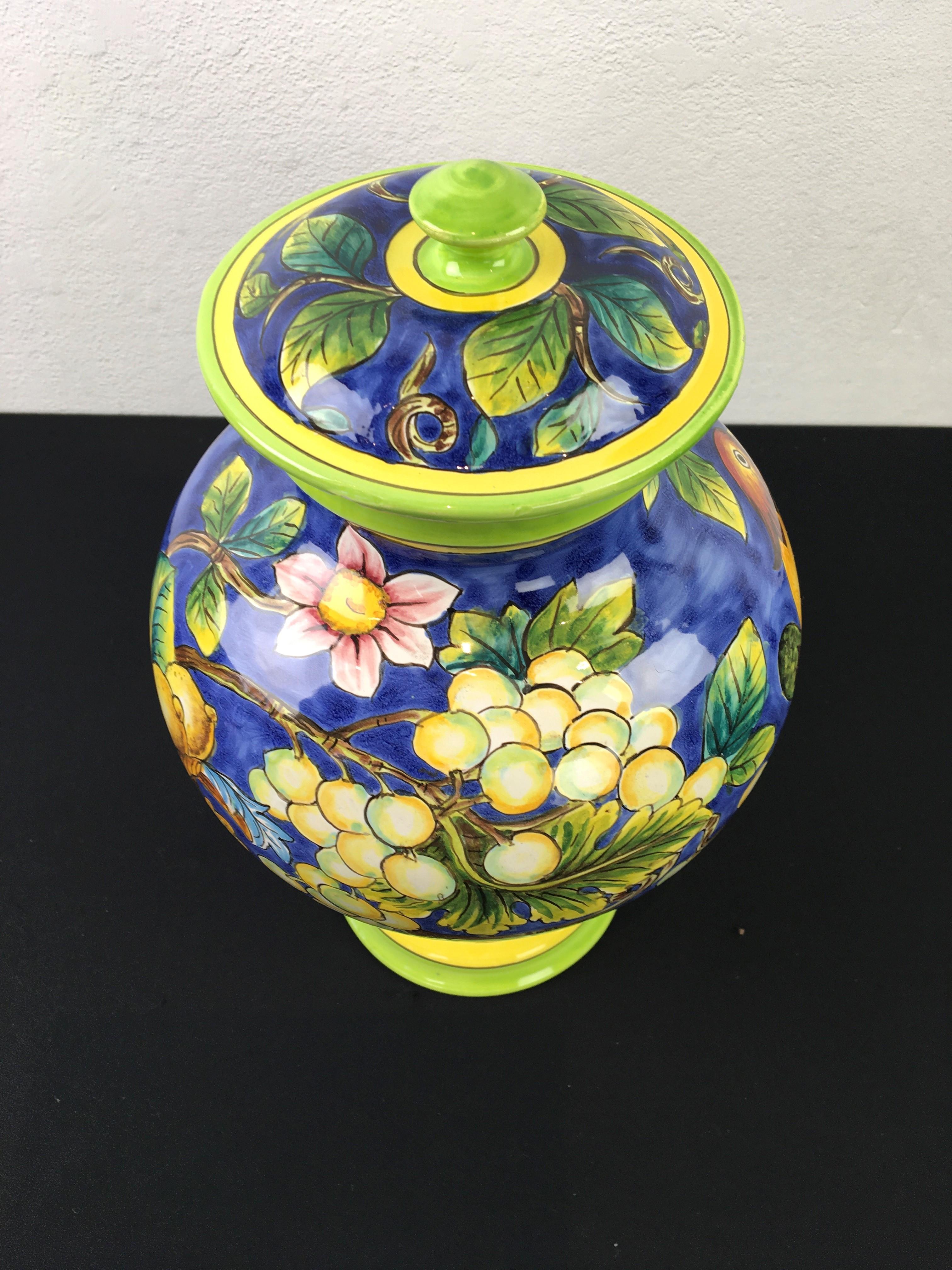 Glazed Blue Ceramic Jar with Bird, Lemons and Lid For Sale 4