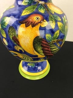Glazed Blue Ceramic Jar with Bird, Lemons and Lid
